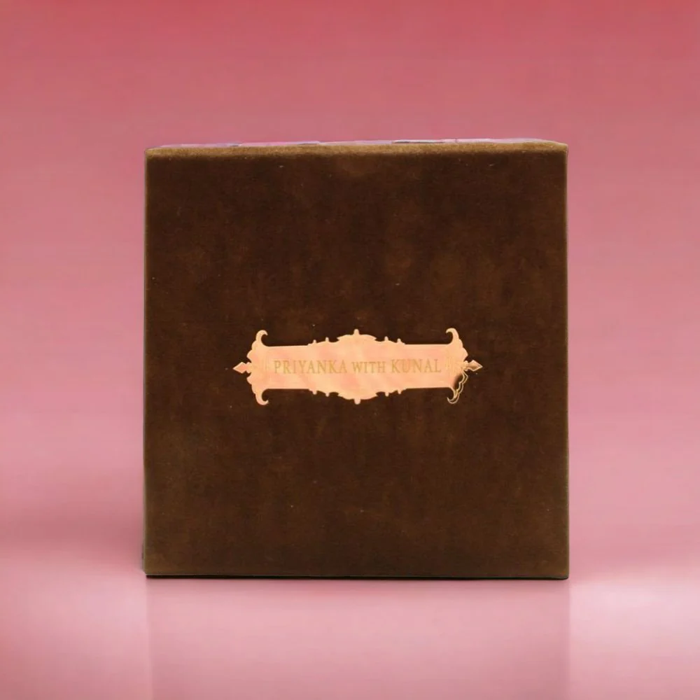 KL9005S2 Velvet Fabric Hardboard Padding Thick Wedding Card with 2 Card Inserts, 1 MDF Carry Bag Style Holder and Acrylic Mirror with Couple Names - Image 3